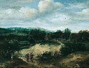 Jacob Koninck, Landscape with huntsmen on a track before a village